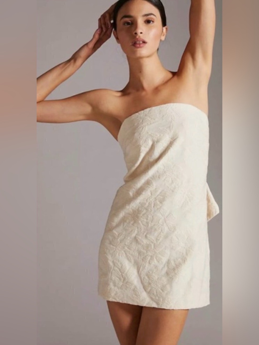 By Anthropologie Ivory Floral Textured Strapless Bow Back Mini Dress Size 6